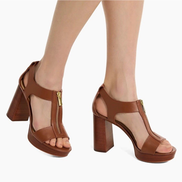 MICHAEL KORS Berkley T-Strap Platform Leather Dress Sandals Size:8.5M Brown Zip - Picture 1 of 16